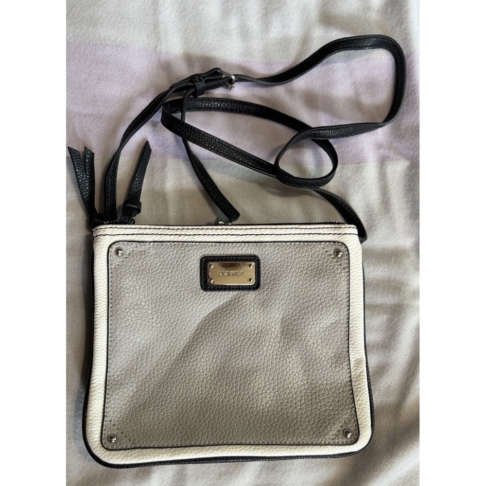 Nine West Crossbody Purse Gray Logo Long Adj Strap Studs Lined Several Pockets
